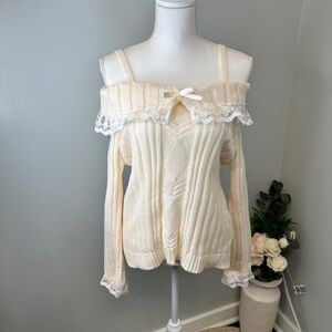 Cream Off-the-Shoulder Sweater with Lace Trim